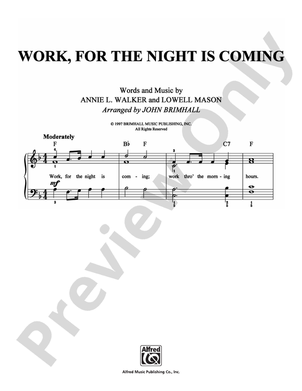 Work, for the Night Is Coming - Arr. John Brimhall - Easy Piano (Digital Download)