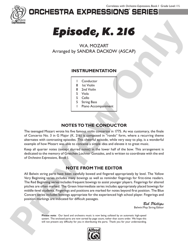 Episode, K. 216 – String Orchestra Conductor Score & Parts (Digital Download)