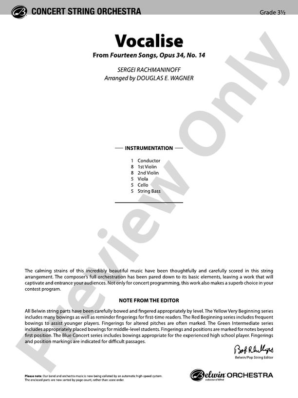 Vocalise – String Orchestra Conductor Score & Parts (Digital Download)