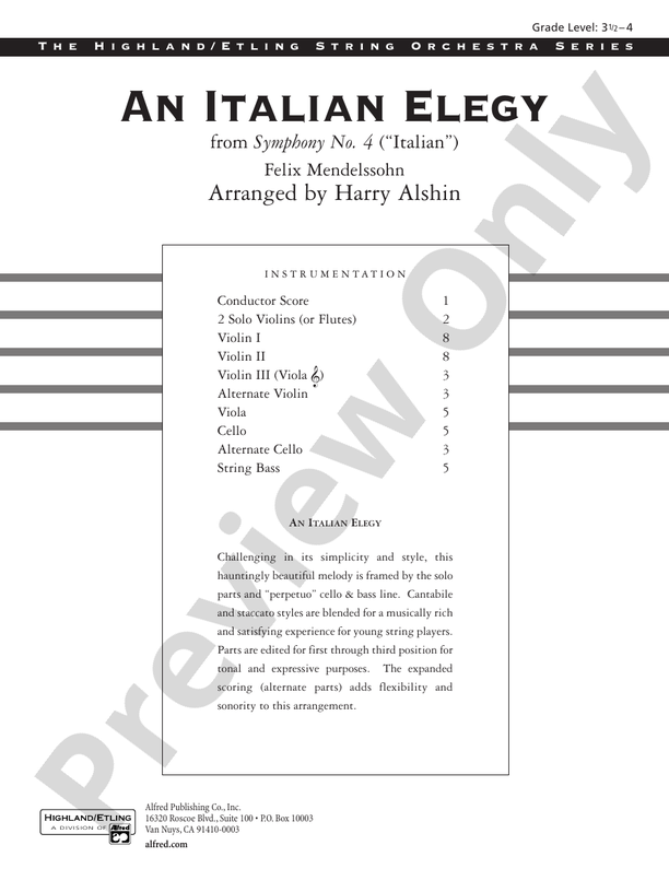An Italian Elegy, from Symphony No. 4 "Italian" – String Orchestra Conductor Score & Parts (Digital Download)
