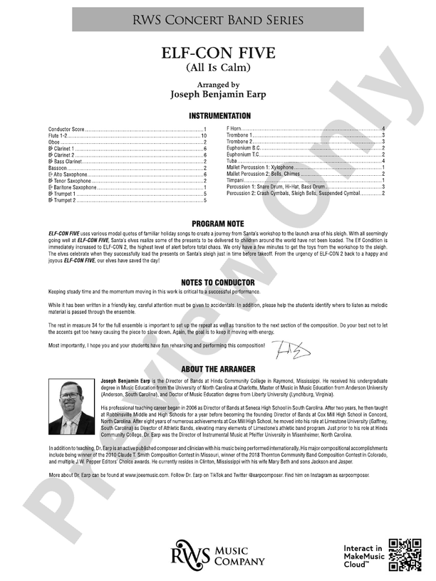 ELF-CON FIVE - All Is Calm (Grade 3.5) - Concert Band Conductor Score & Parts (Digital Download)