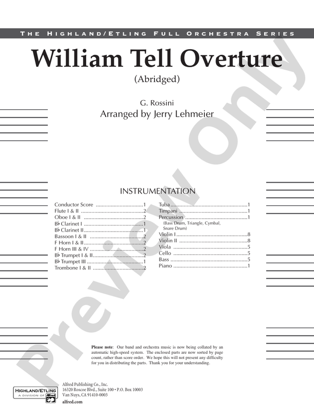 William Tell Overture – Full Orchestra Conductor Score & Parts (Digital Download)