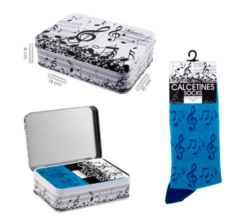 Socks Blue with Black Clefs/Notes plus Tin