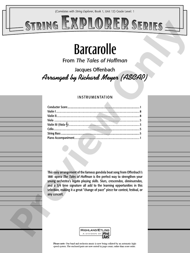 Barcarolle (from The Tales of Hoffman) – String Orchestra Conductor Score & Parts (Digital Download)