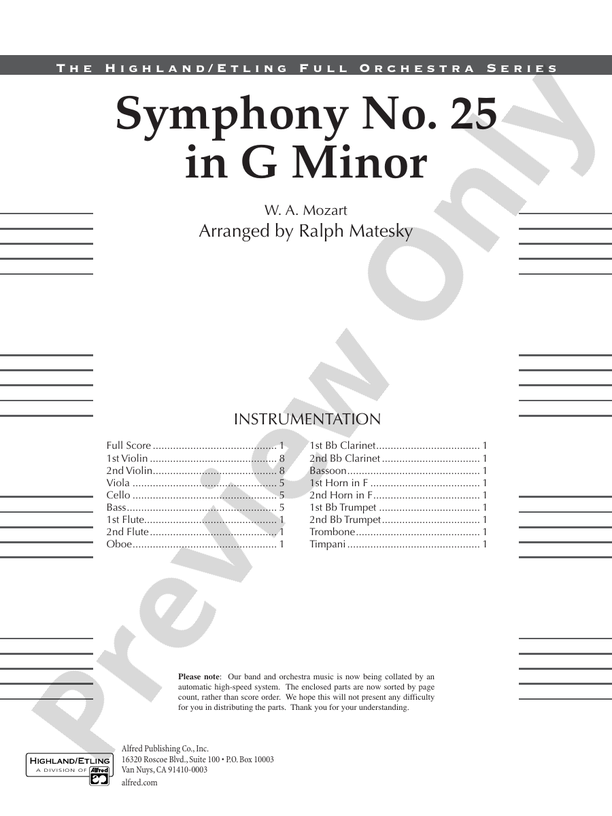 Mozart's Symphony No. 25 in G Minor, 3rd & 4th Movements – Full Orchestra Conductor Score & Parts (Digital Download)