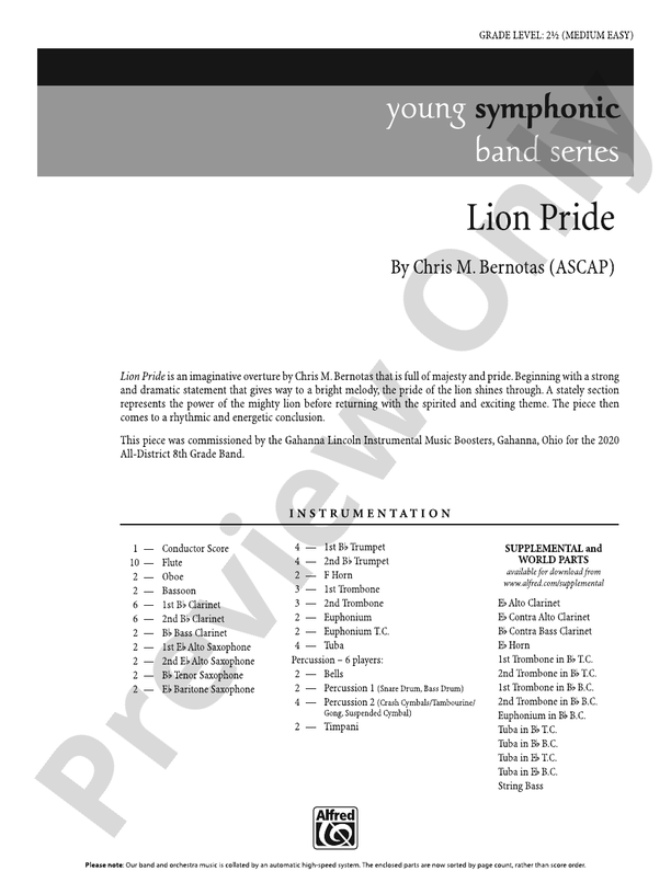 Lion Pride - Concert Band Conductor Score & Parts (Digital Download)