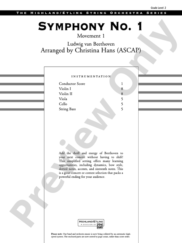 Symphony No. 1, 1st Movement (Grade 2) – String Orchestra Conductor Score & Parts (Digital Download)