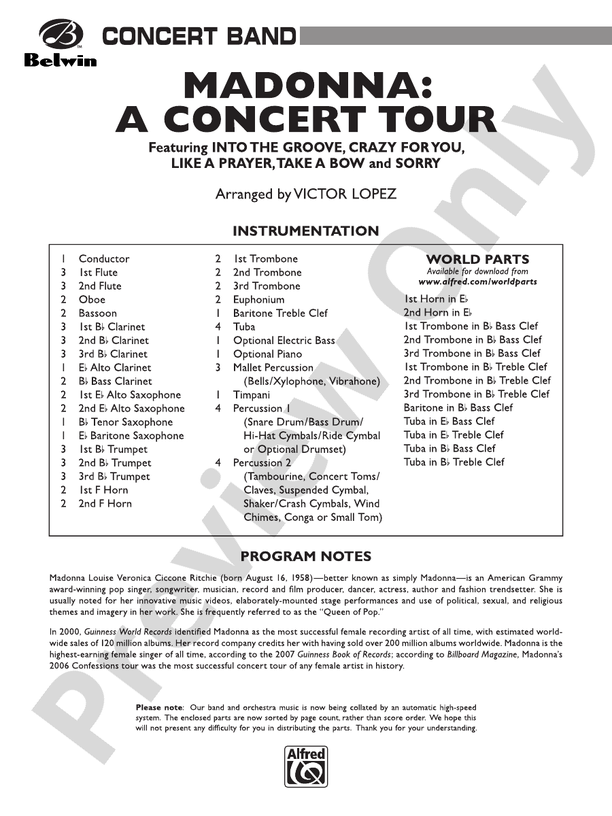 Madonna: A Concert Tour - Concert Band Conductor Score & Parts (Digital Download)
