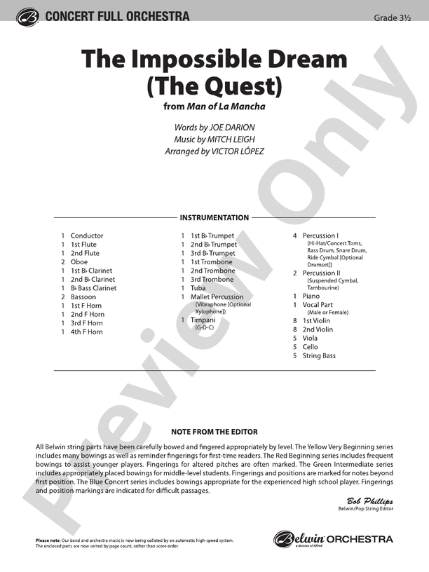 The Impossible Dream (from Man of La Mancha) – Full Orchestra Conductor Score & Parts (Digital Download)