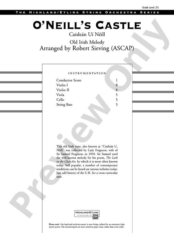 O'Neill's Castle – String Orchestra Conductor Score & Parts (Digital Download)