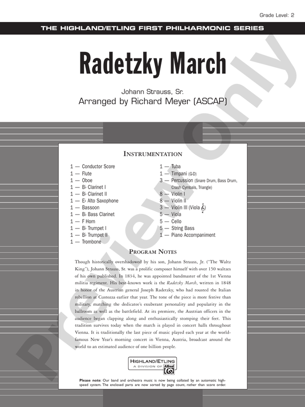Radetzky March – Full Orchestra Conductor Score & Parts (Digital Download)