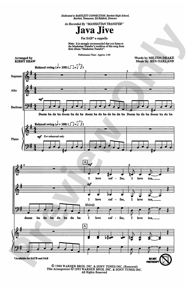 Java Jive – SAB, a cappella Choral Octavo - Digital Sheet Music Download (Digital Download)