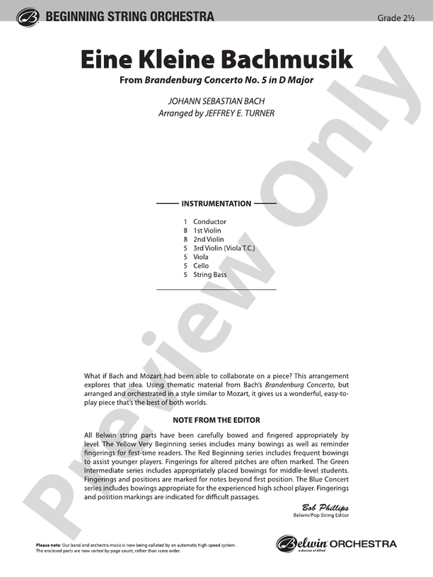 Eine Kleine Bachmusik (from Brandenburg Concerto No. 5 in D Major) – String Orchestra Conductor Score & Parts (Digital Download)