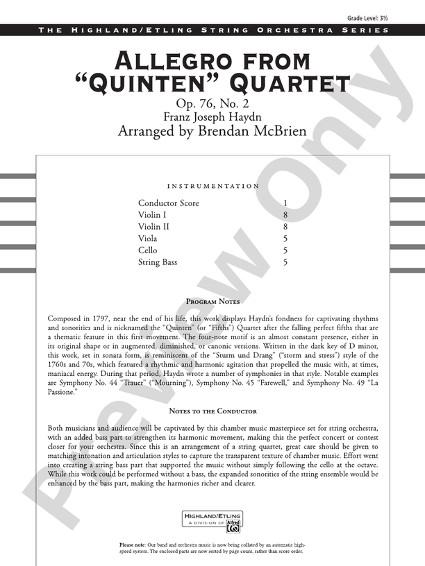 Allegro from "Quinten" Quartet – String Orchestra Conductor Score & Parts (Digital Download)