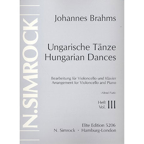 Brahms - Hungarian Dances Volume 3 - Cello/Piano Accompaniment edited by Piatti Sikorski EE5206