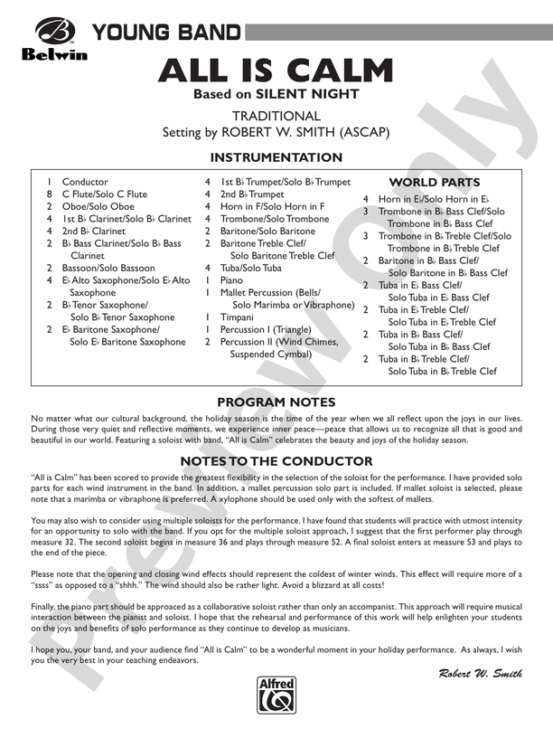 All Is Calm (based on Silent Night) - Concert Band Conductor Score & Parts (Digital Download)