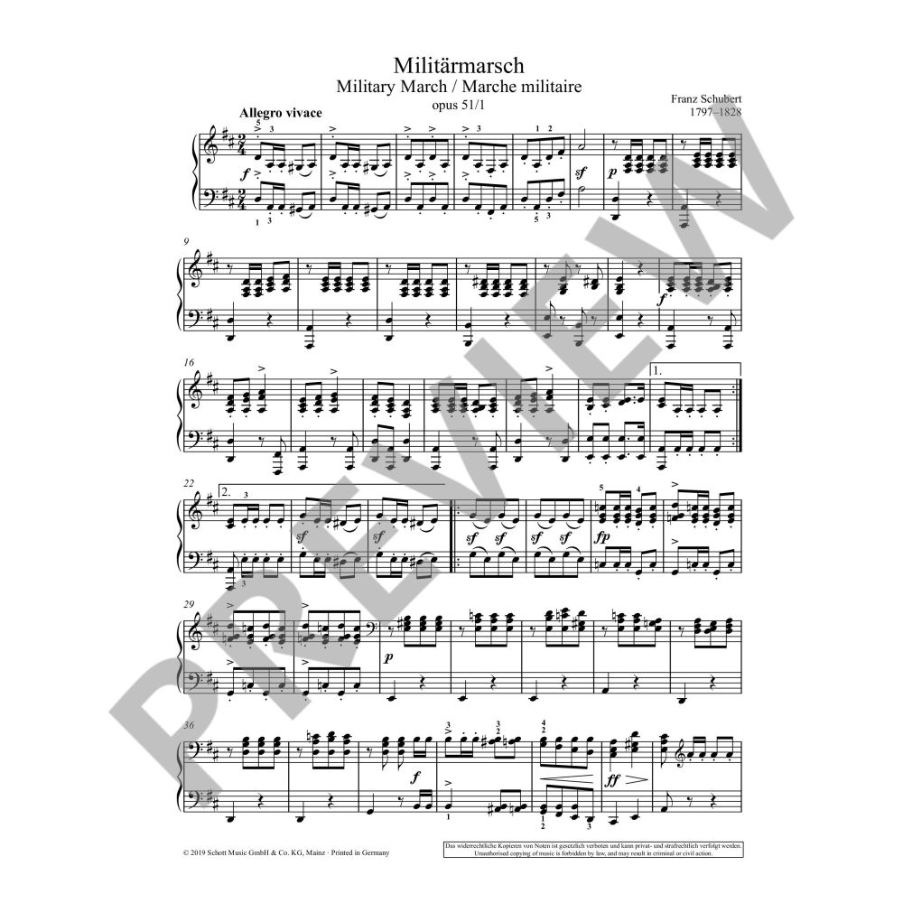 Schubert - March Militaire in DMaj Op51/1 - Piano Duet Schott ED01031