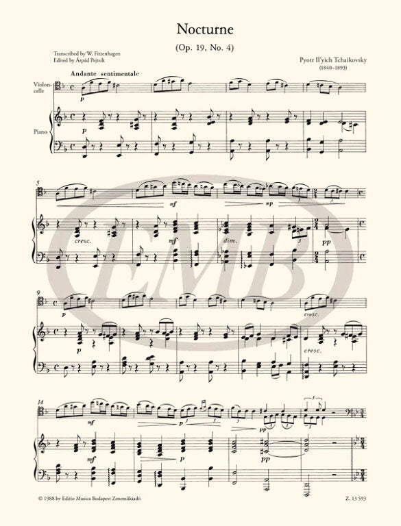 Tchaikovsky - Nocturne Op19/4 - Cello/Piano Accompaniment arranged by Pejtsik EMB Z13593