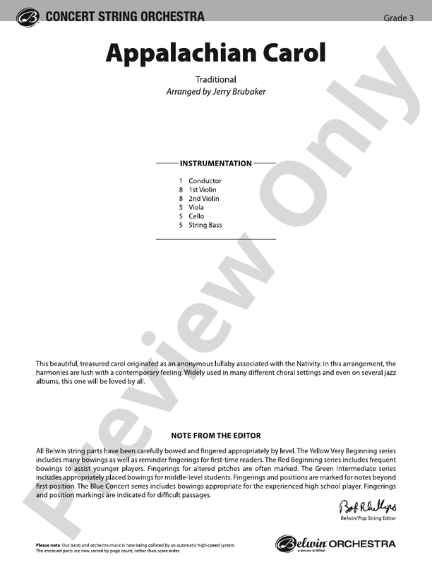 Appalachian Carol - String Orchestra Conductor Score & Parts (Digital Download)