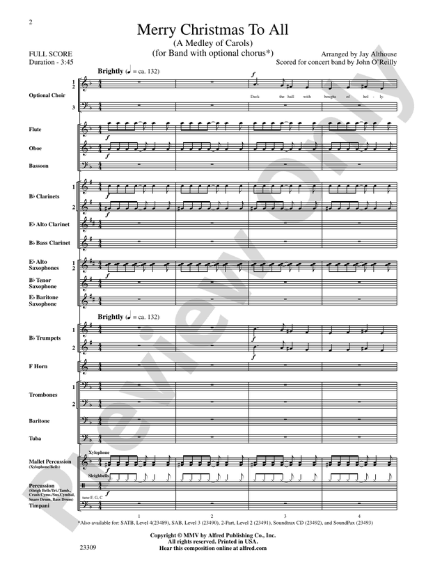 Merry Christmas to All (A Medley of Carols) - Concert Band Conductor Score & Parts (Digital Download)