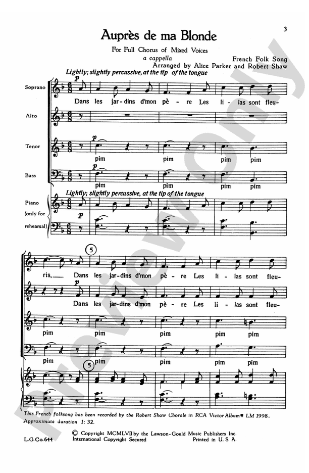 Aupres de ma Blonde – SATB Choral Octavo (Digital Download)