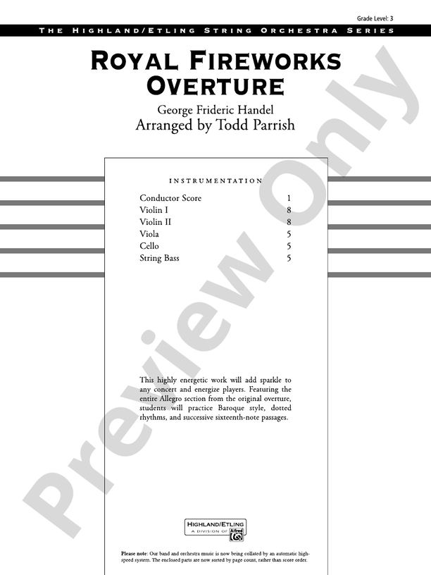 Royal Fireworks Overture – String Orchestra Conductor Score & Parts (Digital Download)