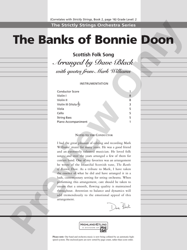 The Banks of Bonnie Doon – String Orchestra Conductor Score & Parts (Digital Download)