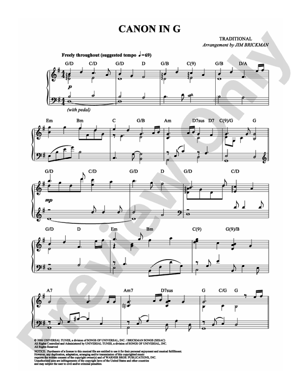 Canon in G - Arr. Jim Brickman - Piano (Digital Download)