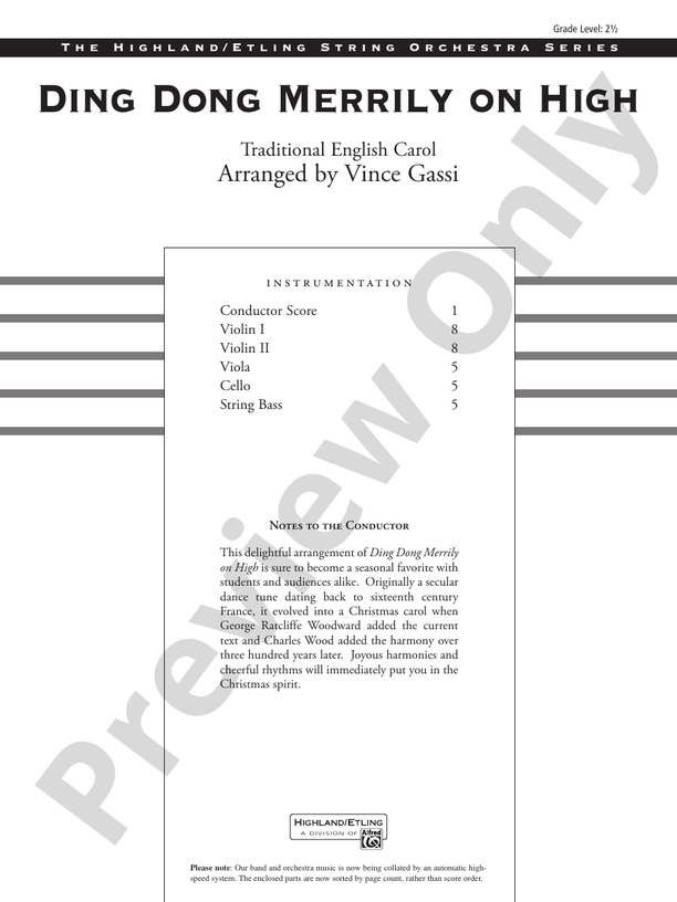 Ding Dong Merrily on High – String Orchestra Conductor Score & Parts (Digital Download)