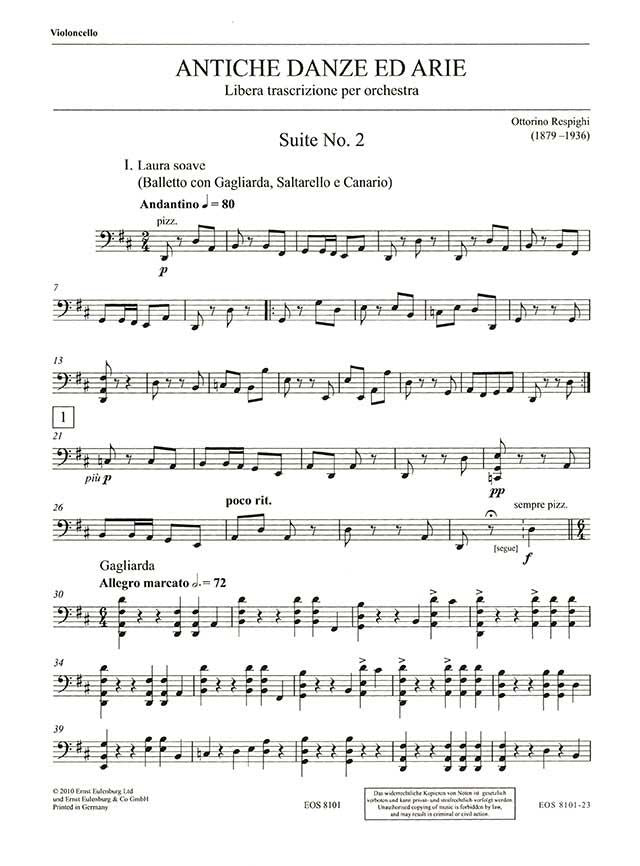 ANCIENT AIRS AND DANCES SUITE NO 2 - CELLO PART - RESPIGHI - ORCHESTRA - EULENBURG