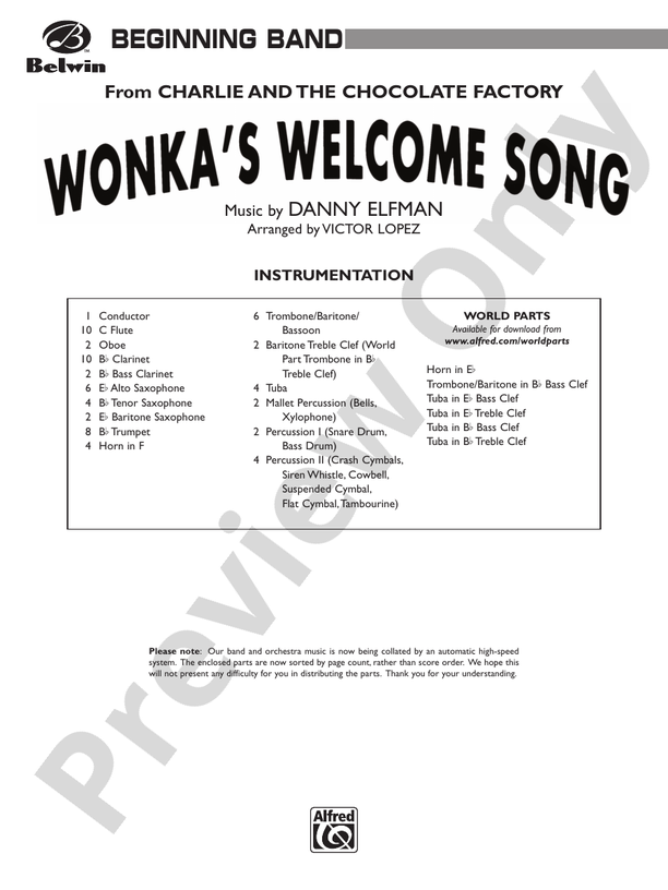 Wonka's Welcome Song (from Charlie and the Chocolate Factory) - Concert Band Conductor Score & Parts (Digital Download)
