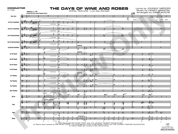 The Days of Wine and Roses (Grade 3.5) - Jazz Ensemble Conductor Score & Parts(Digital Download)