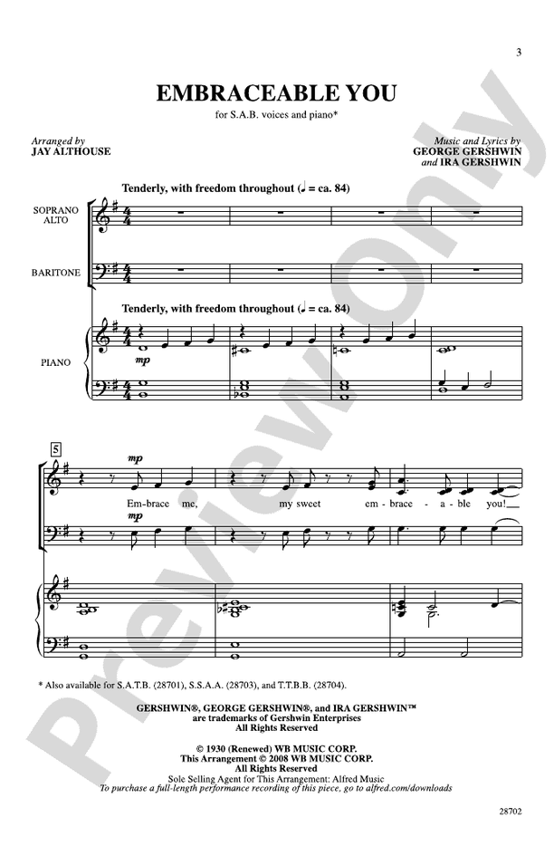 Embraceable You - Arr. Jay Althouse – SAB Choral Octavo (Digital Download)