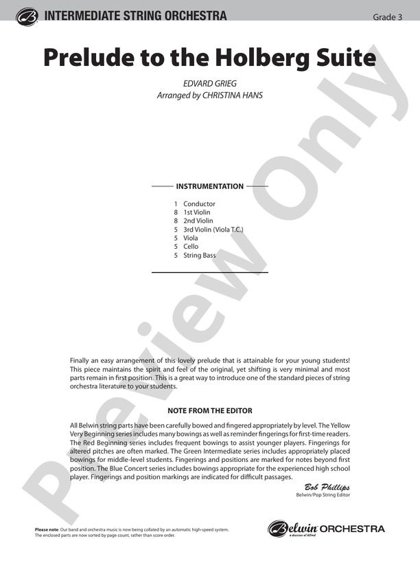 Prelude to the Holberg Suite – String Orchestra Conductor Score & Parts (Digital Download)