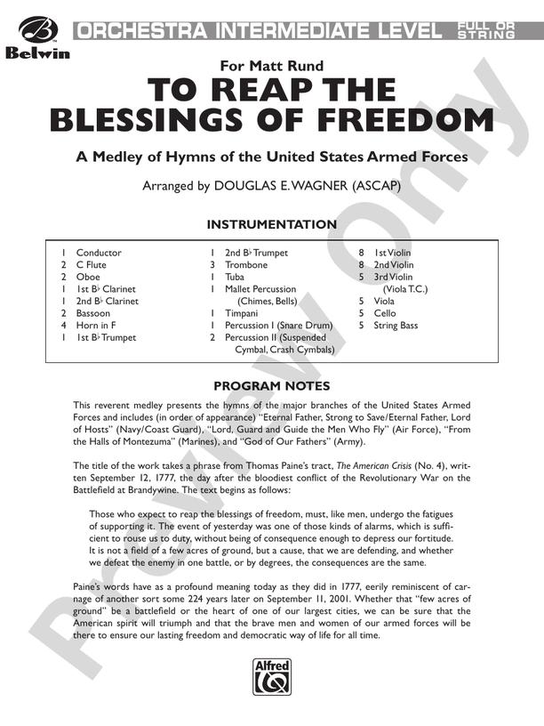 To Reap the Blessings of Freedom (A Medley of Hymns of the United States Armed Forces) – Full Orchestra Conductor Score & Parts (Digital Download)