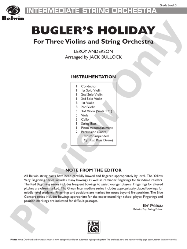 Bugler's Holiday for Three Violins and String Orchestra – String Orchestra Conductor Score & Parts (Digital Download)