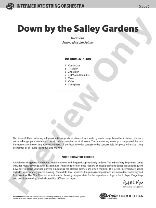 Down by the Salley Gardens (Arr. Jim Palmer) - String Orchestra Conductor Score & Parts (Digital Download)