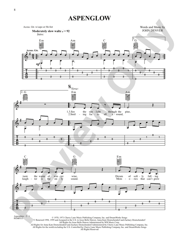 Aspenglow - Interm./Easy Guitar TAB (Digital Download)