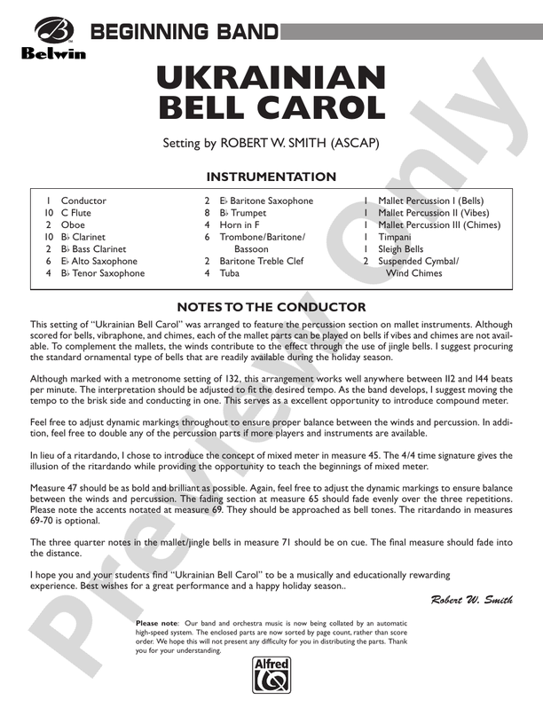 Ukrainian Bell Carol - Concert Band Conductor Score & Parts (Digital Download)