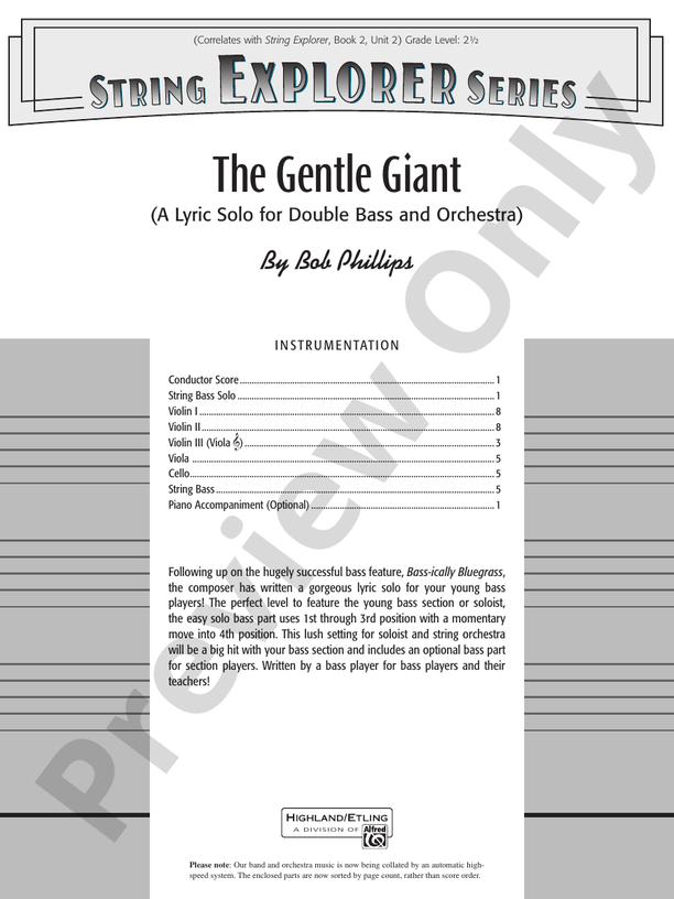 The Gentle Giant (A Lyric Solo for Double Bass and Orchestra) – String Orchestra Conductor Score & Parts (Digital Download)