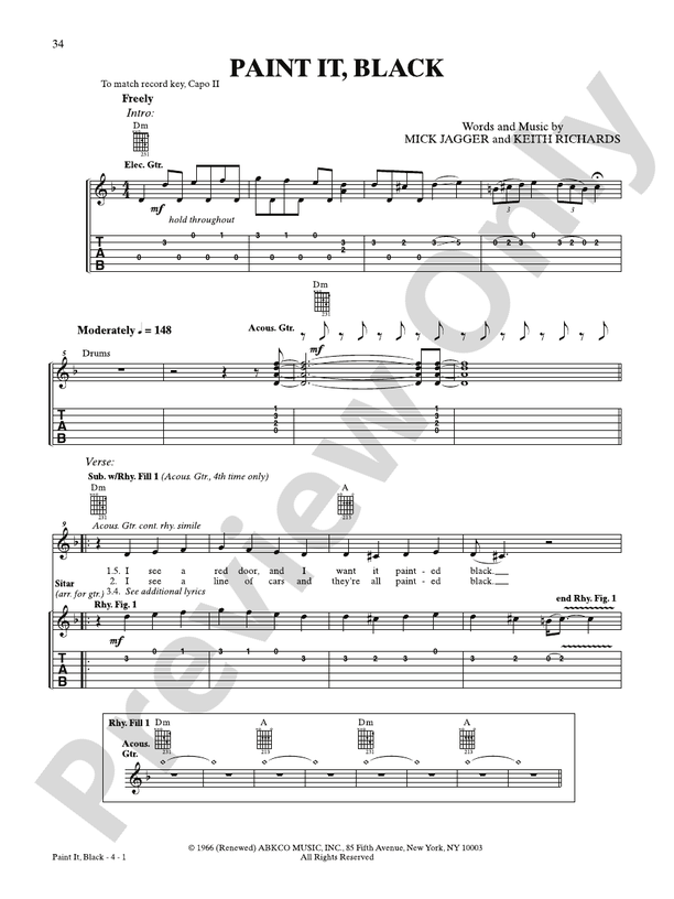 Paint It, Black - Interm./Easy Guitar TAB (Digital Download)