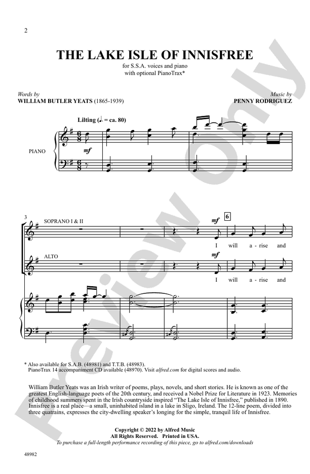 The Lake Isle of Innisfree - SSA Choral Octavo (Digital Download)