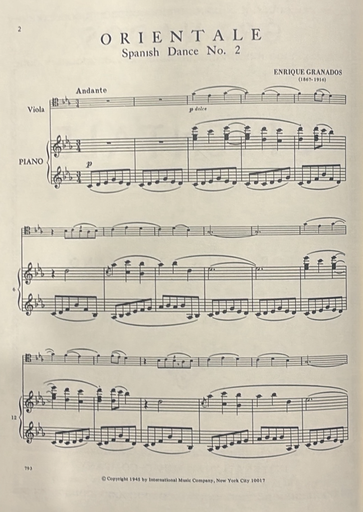 Granados - Orientale (Spanish Dance #2) - Viola/Piano Accompaniment edited by Katims IMC IMC0793