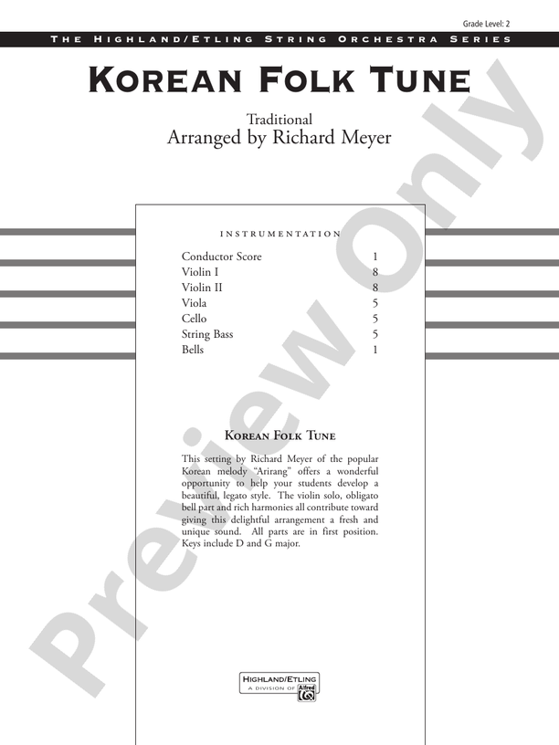 Korean Folk Tune – String Orchestra Conductor Score & Parts (Digital Download)