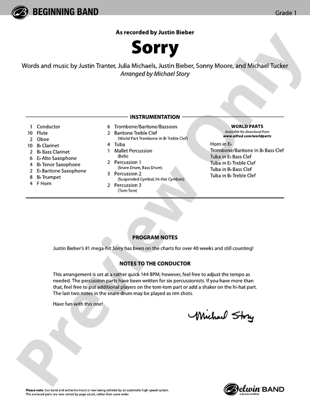 Sorry (Grade 1) - Concert Band Conductor Score & Parts (Digital Download)
