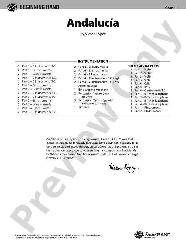 Andalucia (Victor Lopez - Flexible Arrangement) - Concert Band Conductor Score & Parts (Digital Download)