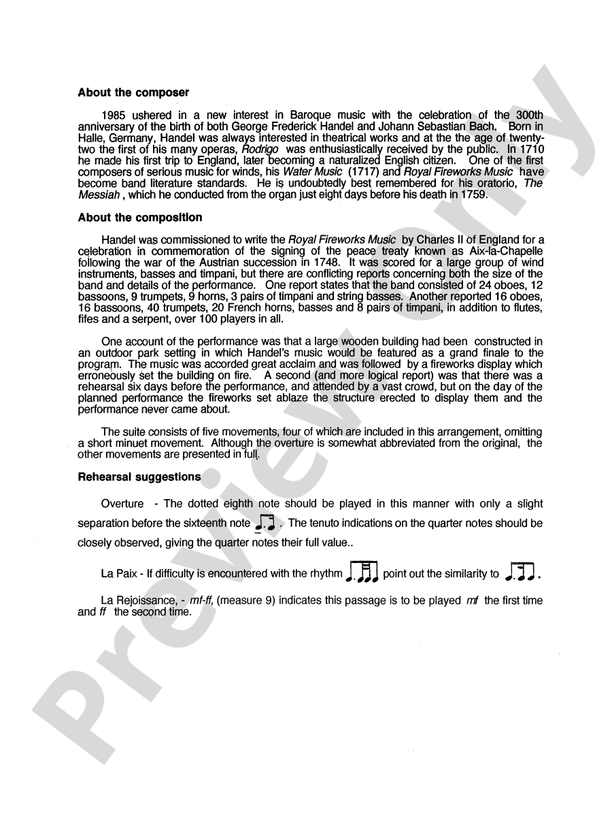 Royal Fireworks Music - Concert Band Conductor Score & Parts (Digital Download)