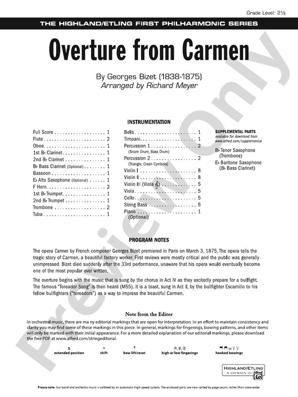 Overture from Carmen – Full Orchestra Conductor Score & Parts (Digital Download)