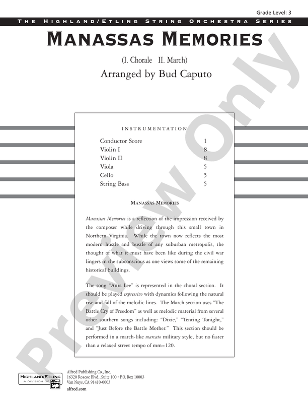 Manassas Memories – String Orchestra Conductor Score & Parts (Digital Download)