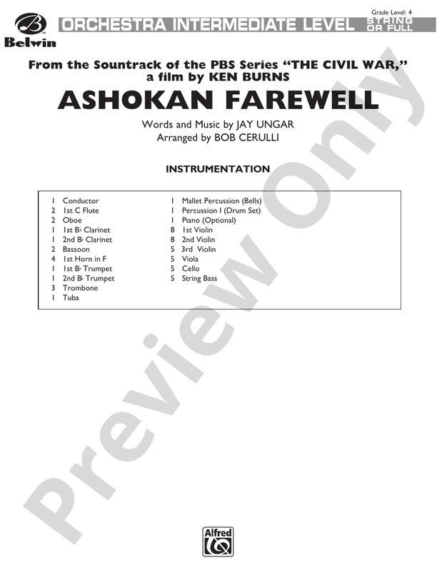 Ashokan Farewell - Full Orchestra Conductor Score & Parts (Digital Download)